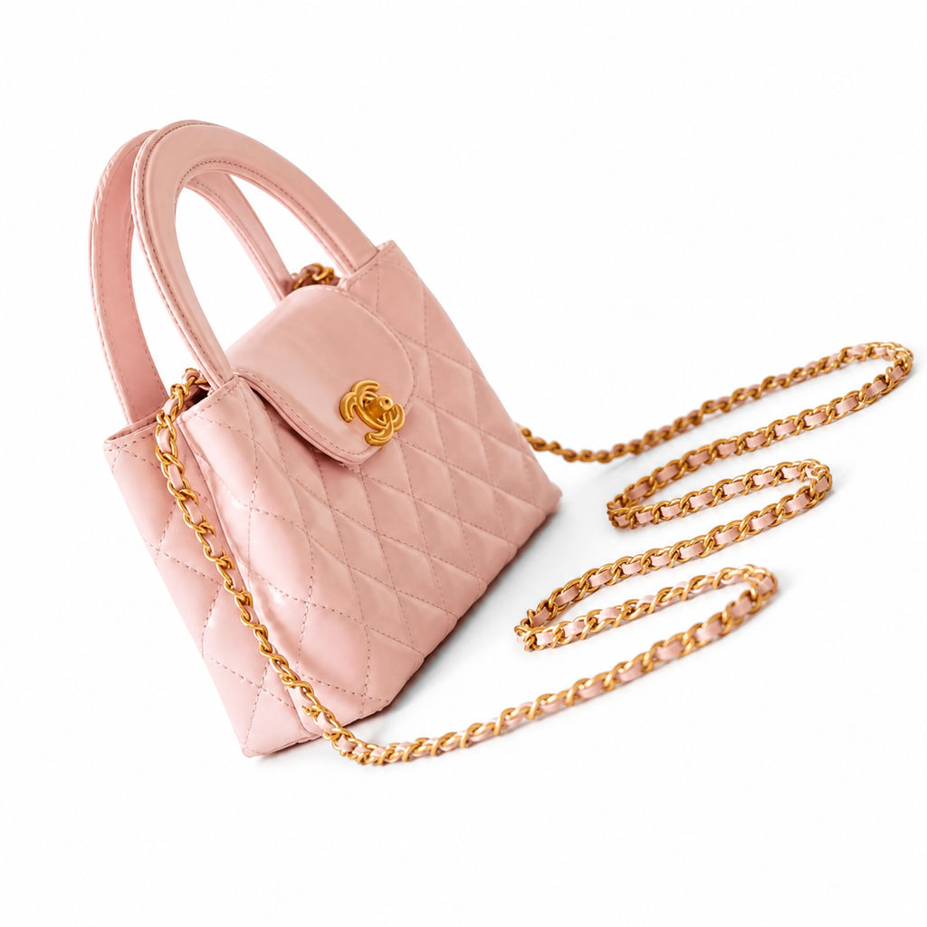 Chanel Baby Pink Quilted Lambskin Mini Coco Handle Bag Aged Gold Sculptural CC Chain