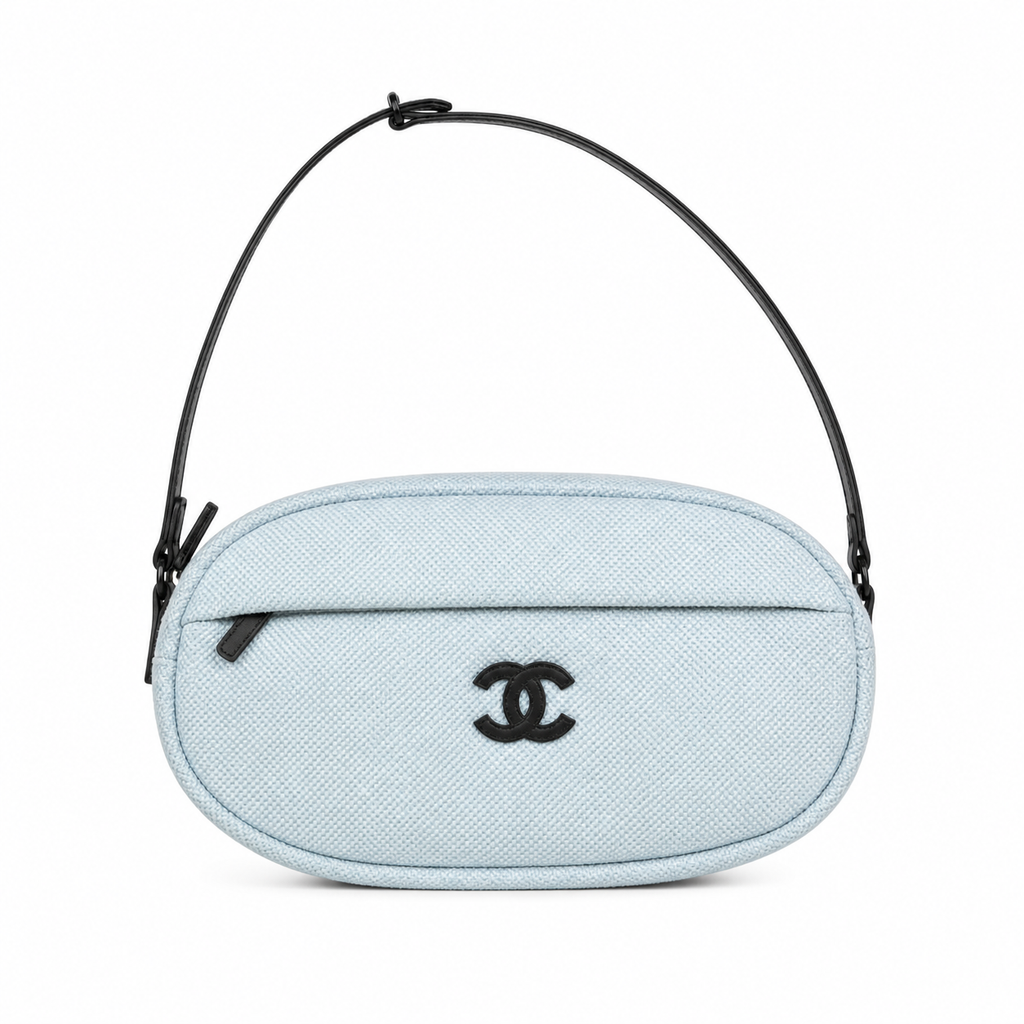 Chanel Ice Blue Canvas Oval Sport Shoulder Bag | Black CC | Adjustable Strap | 17×32×13cm