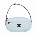 Chanel Ice Blue Canvas Oval Sport Shoulder Bag | Black CC | Adjustable Strap | 17×32×13cm