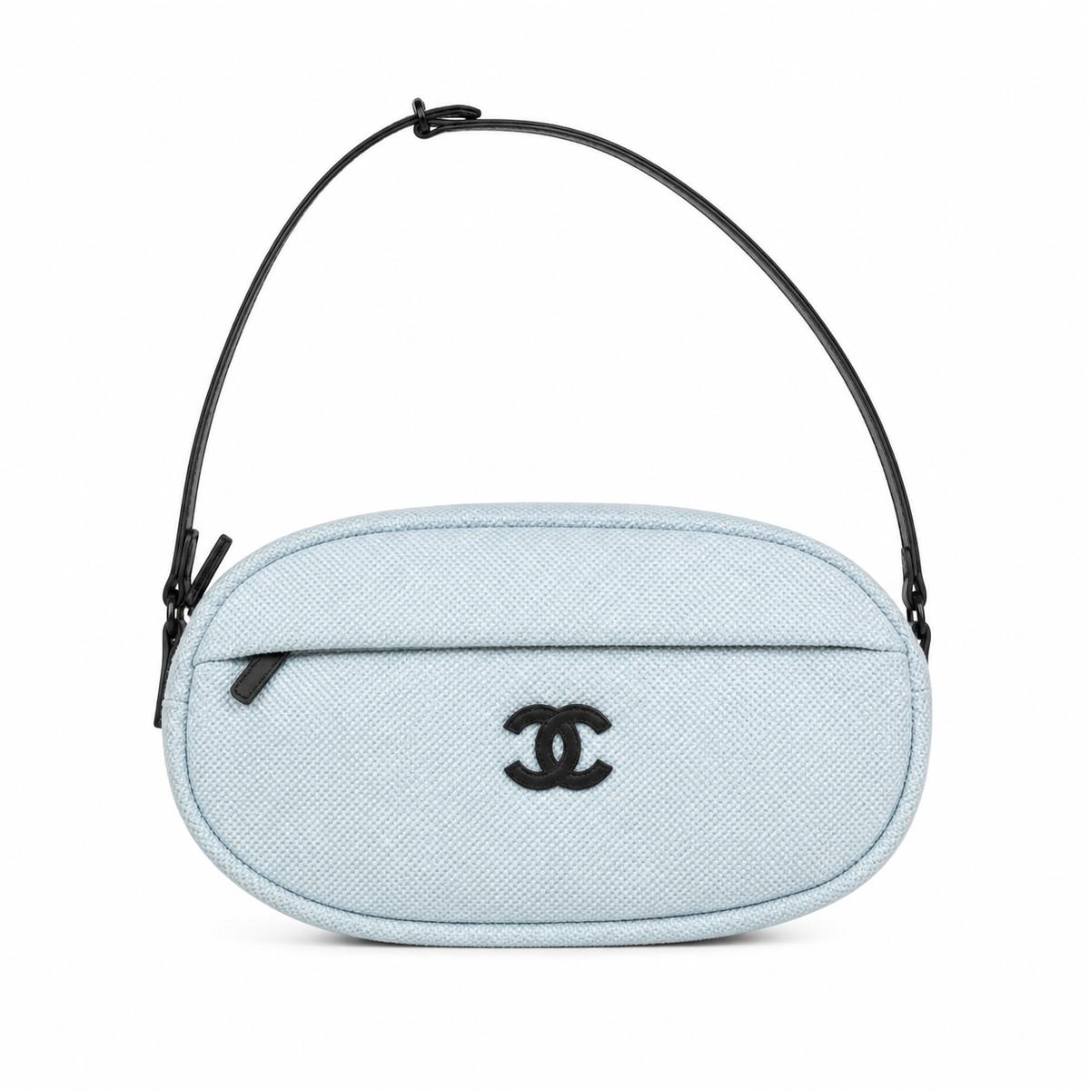Chanel Ice Blue Canvas Oval Sport Shoulder Bag | Black CC | Adjustable Strap | 17×32×13cm
