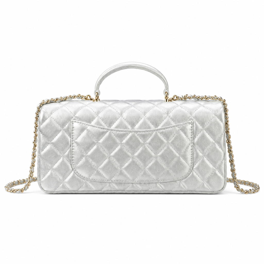 CHANEL Silver Metallic Quilted Lambskin Top Handle Mini Flap Chain Bag
