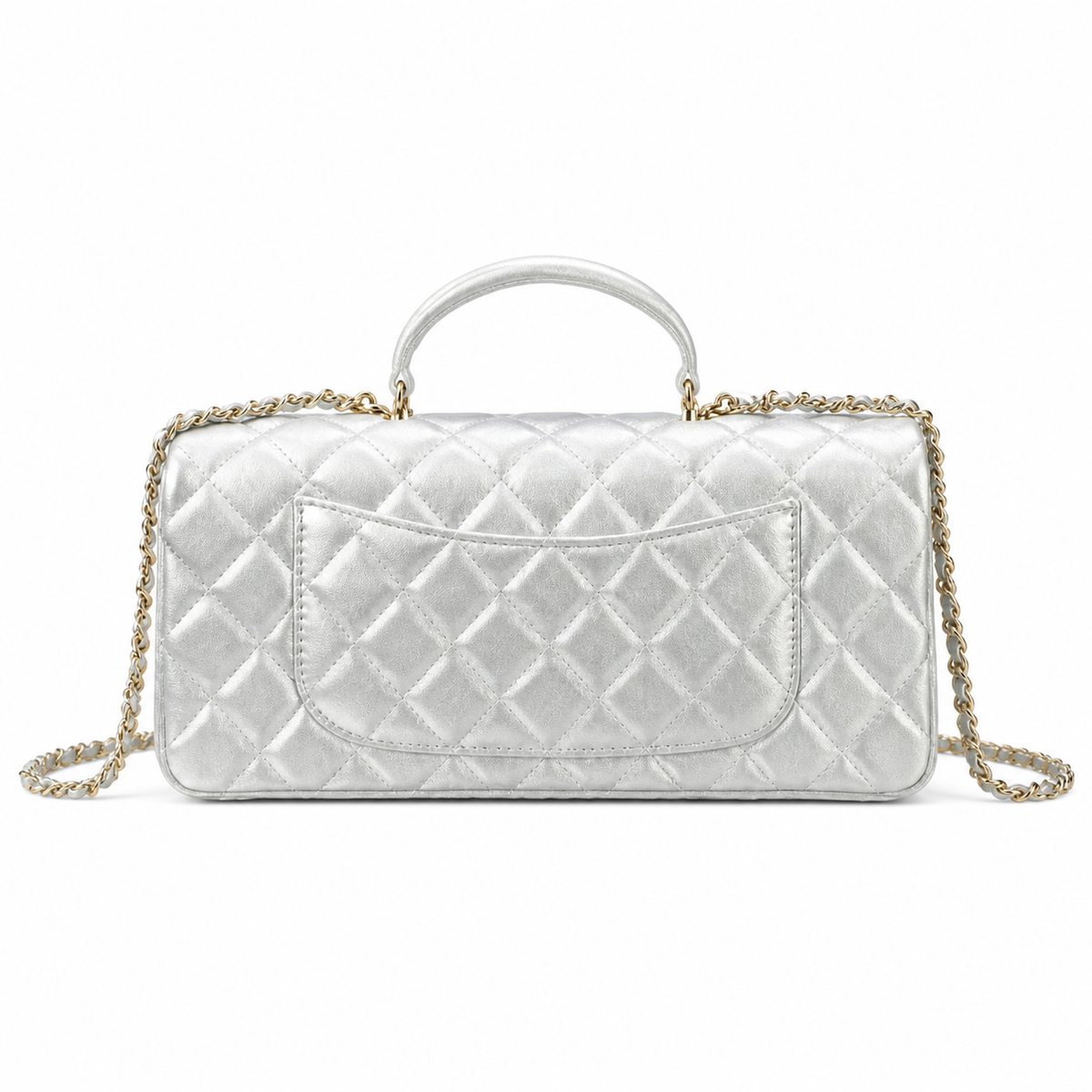 CHANEL Silver Metallic Quilted Lambskin Top Handle Mini Flap Chain Bag