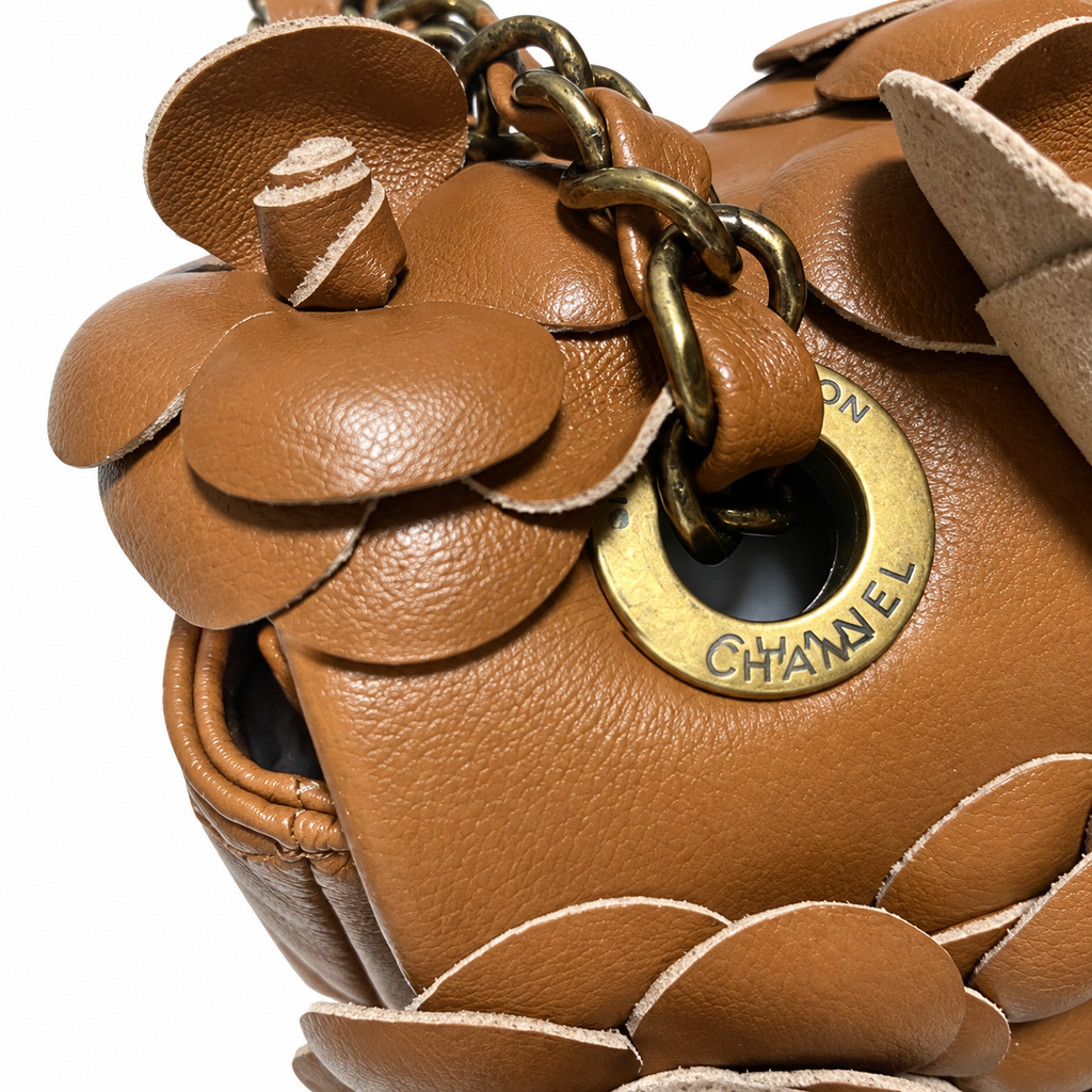 CHANEL Caramel Brown Petal Leather Appliqué Quilted Lambskin Flap Bag