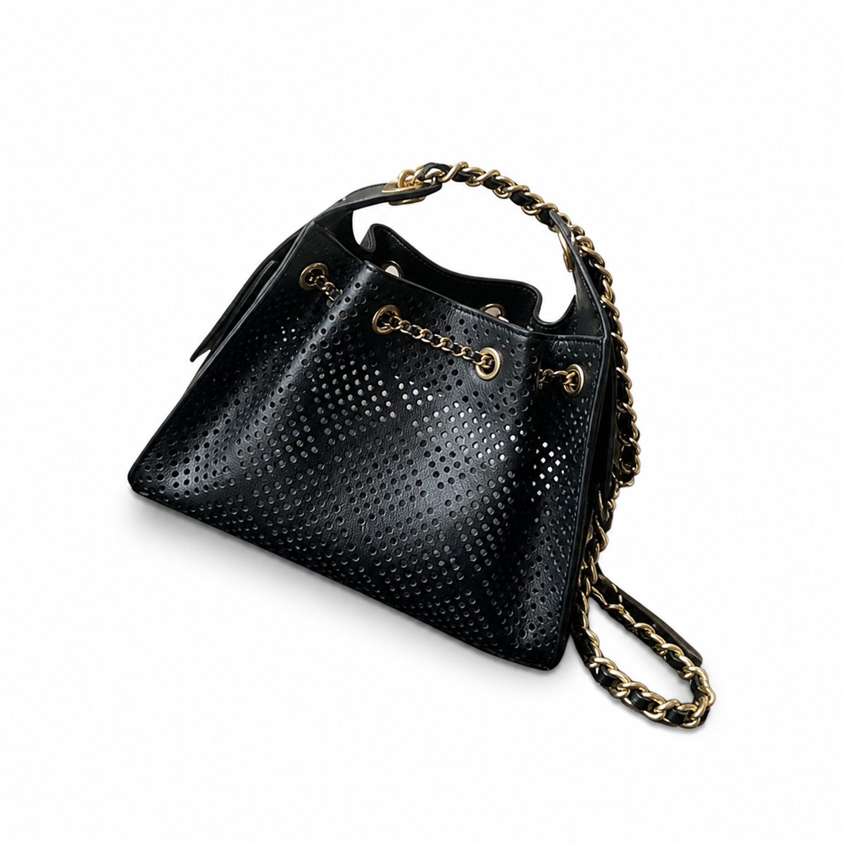 Chanel Black Perforated Leather Drawstring Bucket Bag Antique Gold