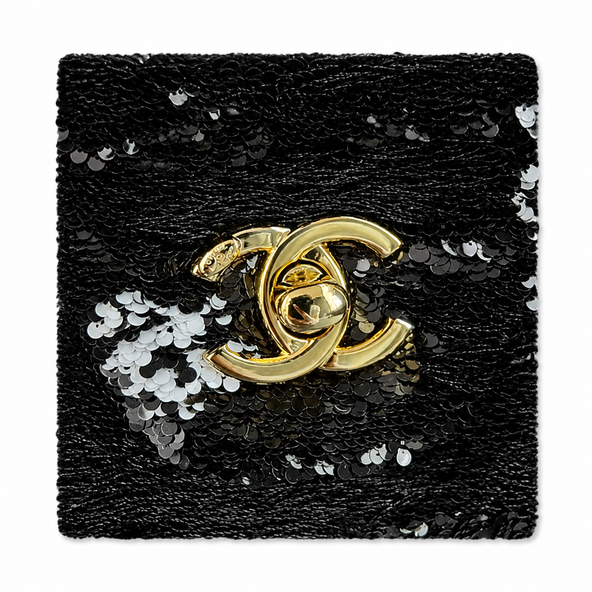 Chanel Sequin Flap Bag | Black & Silver Floral Sequin Gold Chain Strap | 21cm