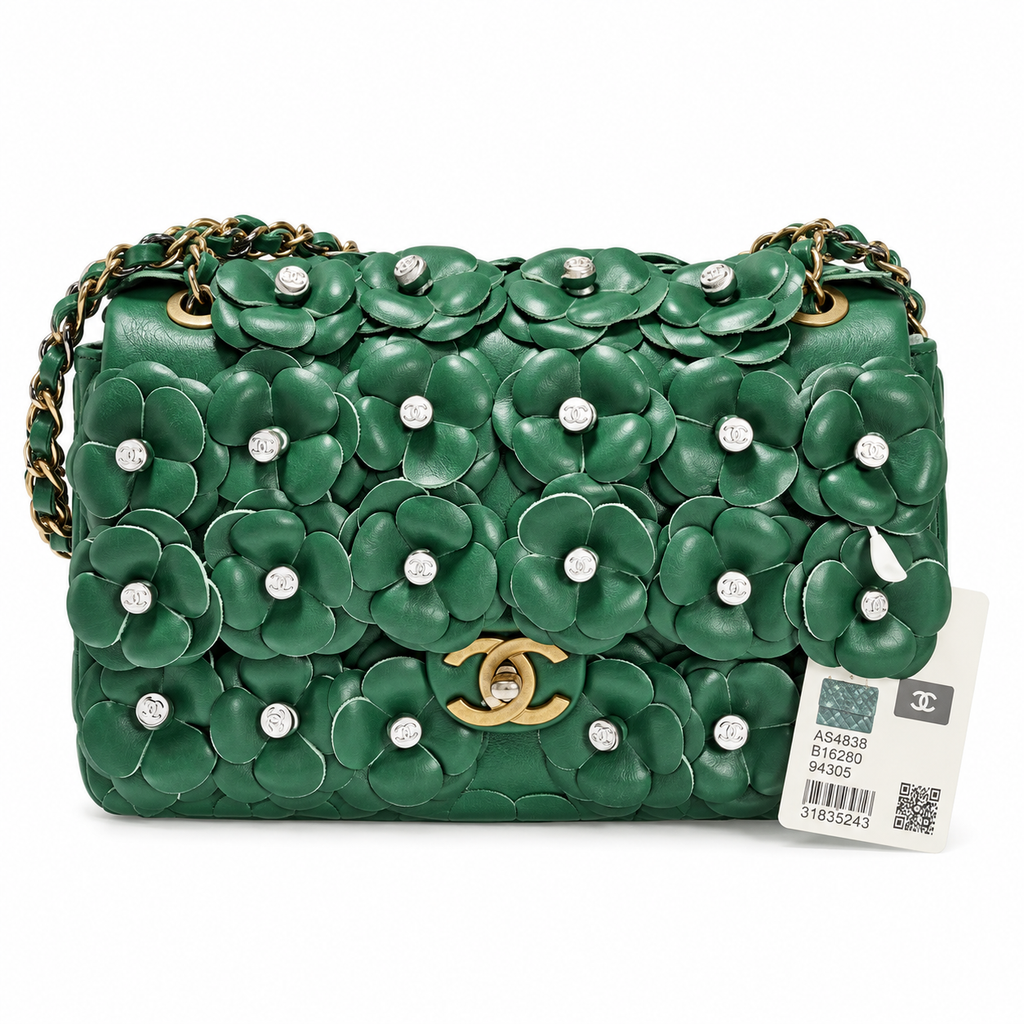 CHANEL Forest Green Camellia Pearl Appliqué Quilted Lambskin Flap Bag