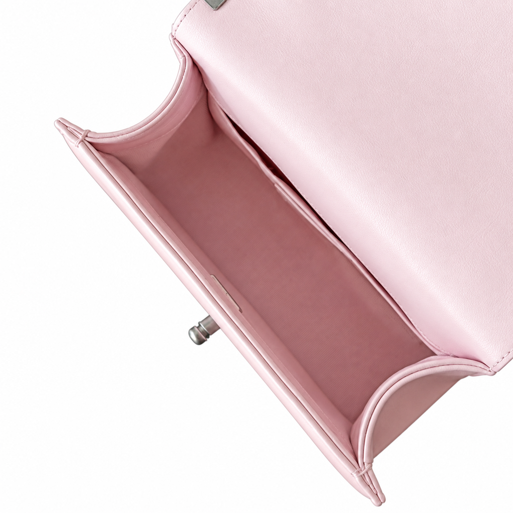 Chanel Boy Bag Small Light Pink Smooth Leather Ruthenium Silver Hardware Chunky Chain Crossbody 20cm
