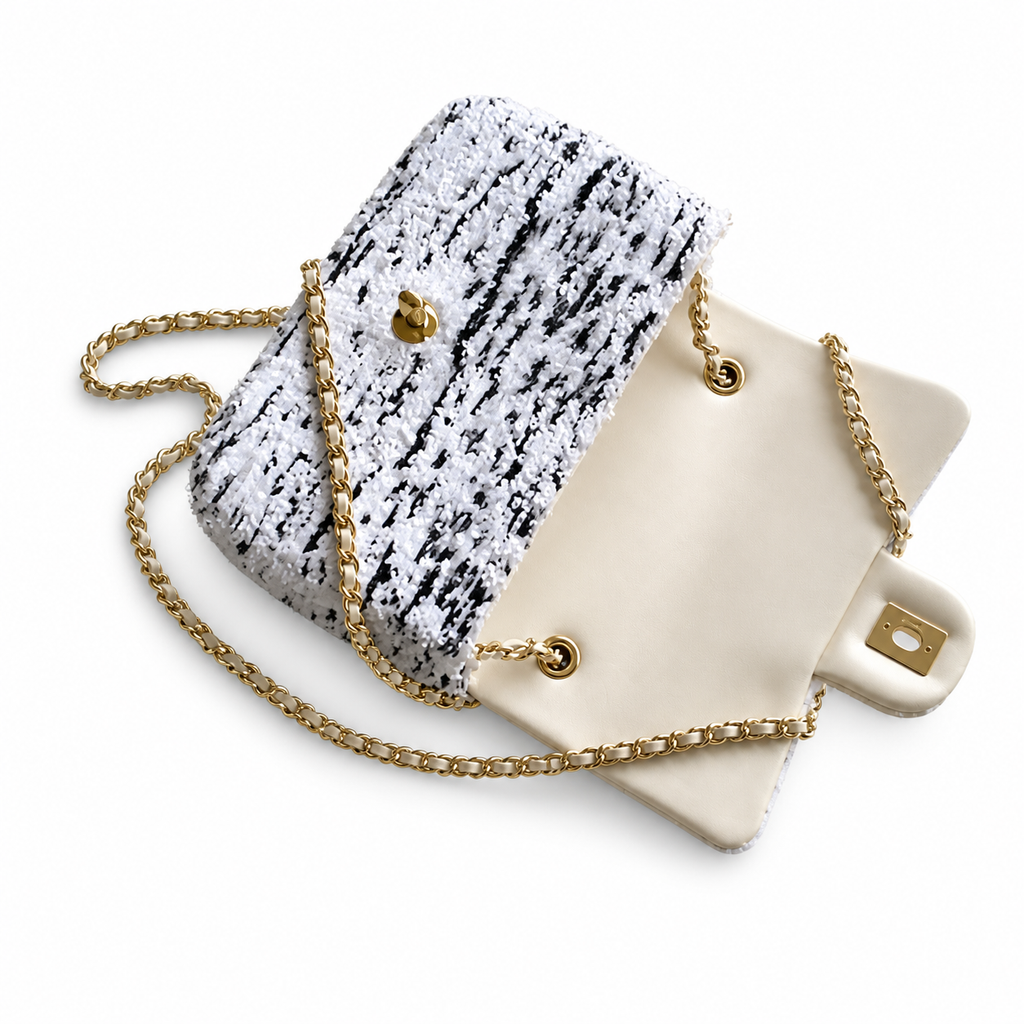 Chanel Black White Tweed Mini Flap Bag Gold Rope Chain CC Turn Lock