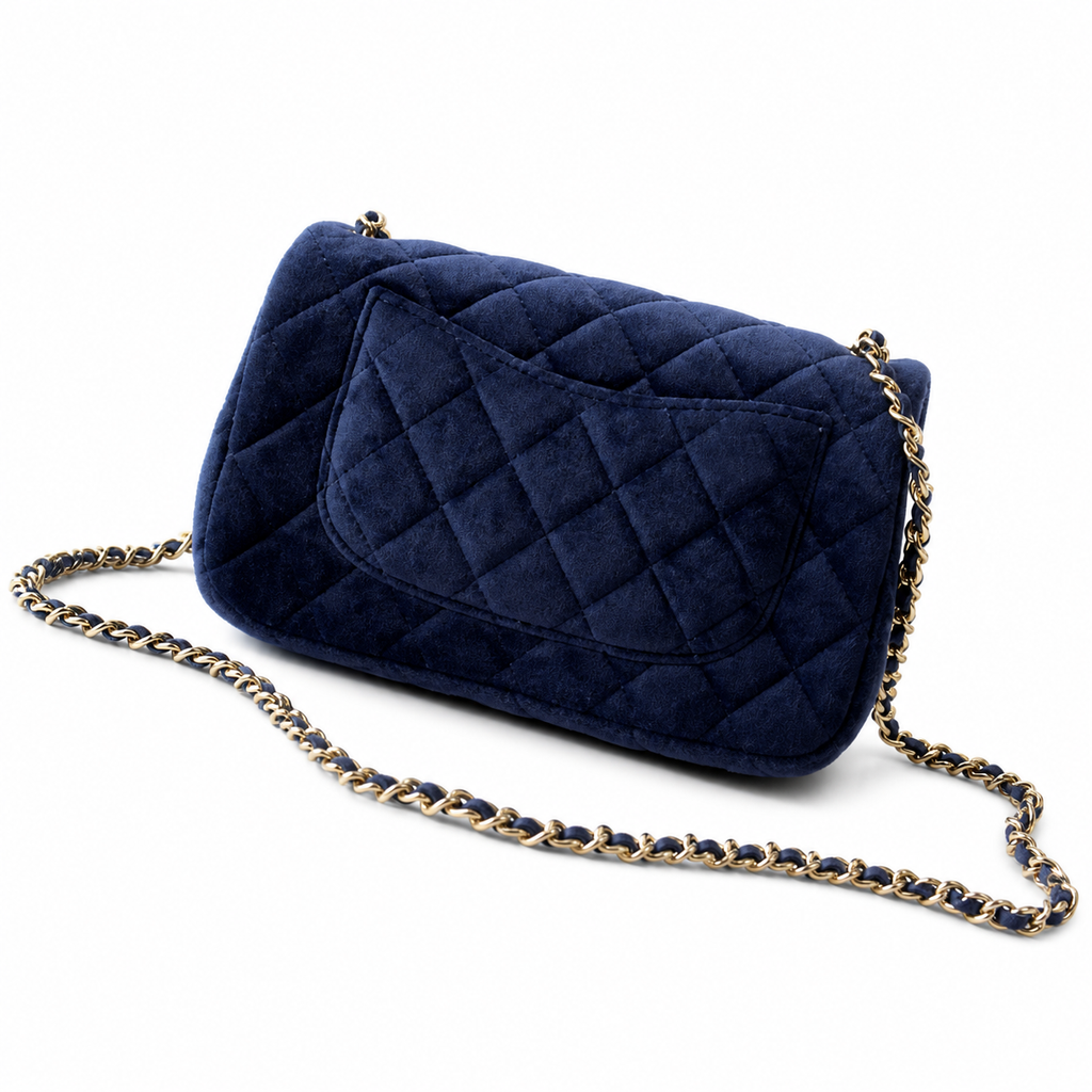 Chanel Pearl Crush Mini Square Flap Bag Navy Blue Velvet Gold Pearl Chain 18cm