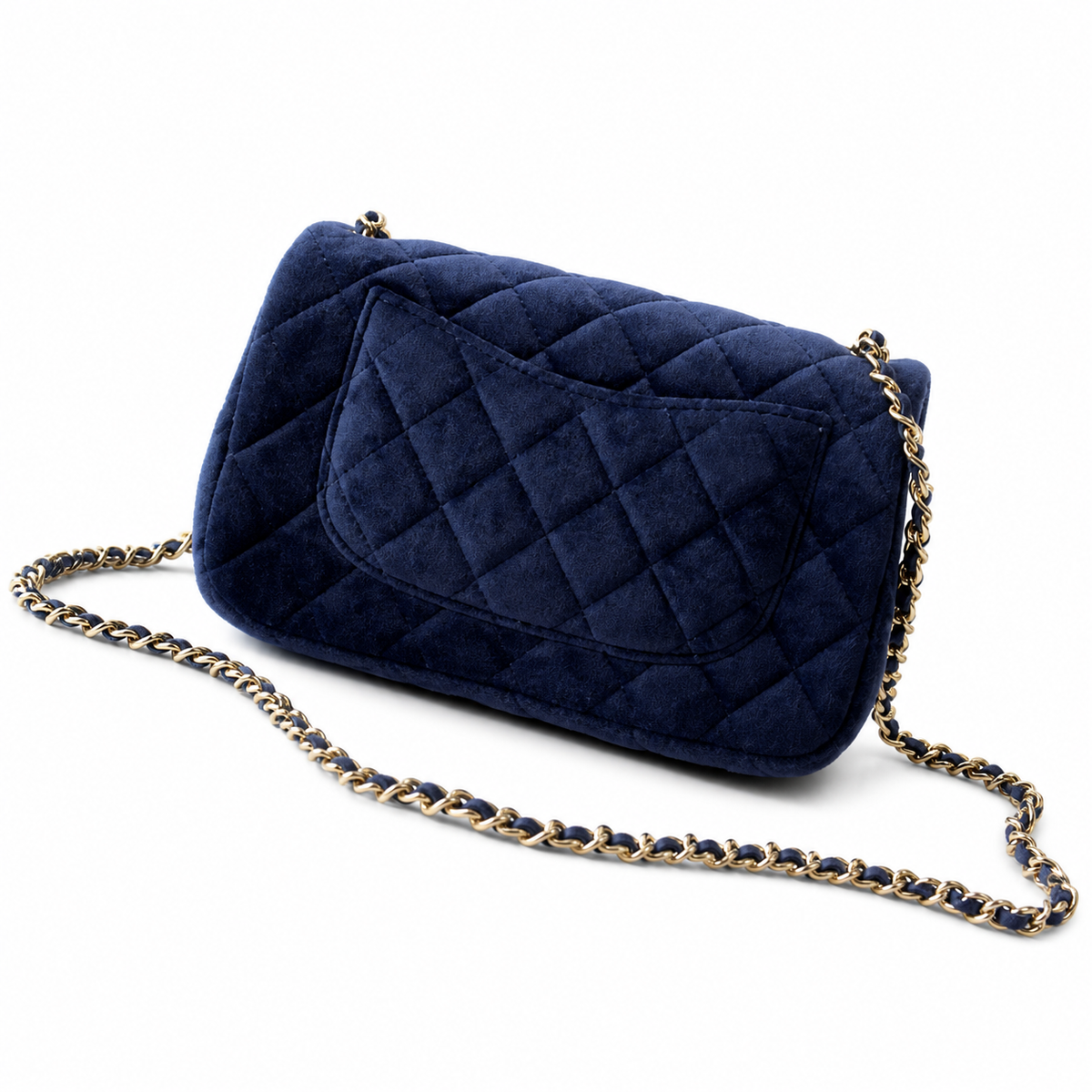 Chanel Pearl Crush Mini Square Flap Bag Navy Blue Velvet Gold Pearl Chain 18cm