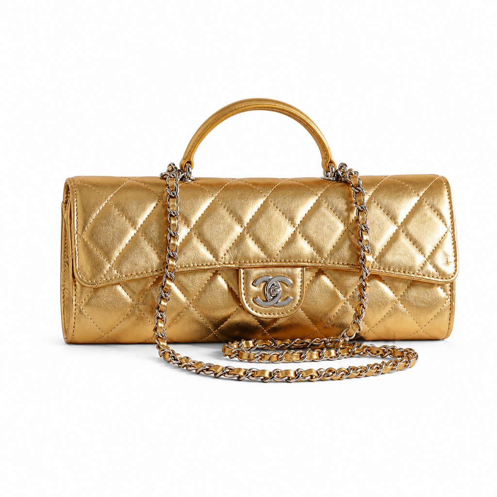 Chanel Gold Quilted Metallic Leather Elongated Flap Bag | CC Lock | 9.5×25×5cm