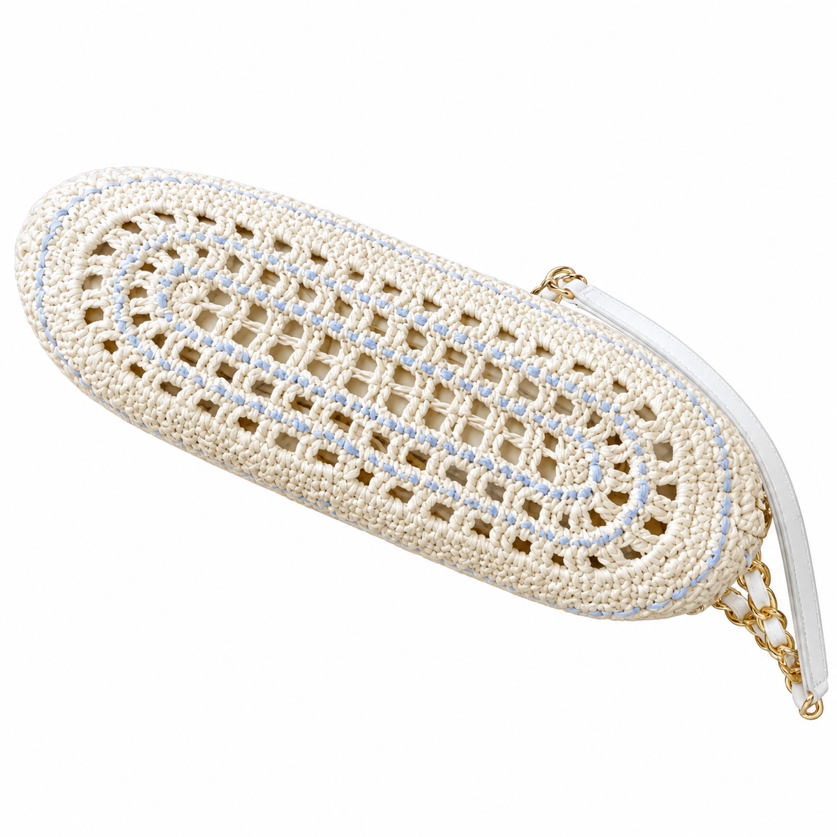 Chanel Ivory Crochet Open-Weave Shopping Tote Bag | Gold CC Chain Handles | 28×20×13cm
