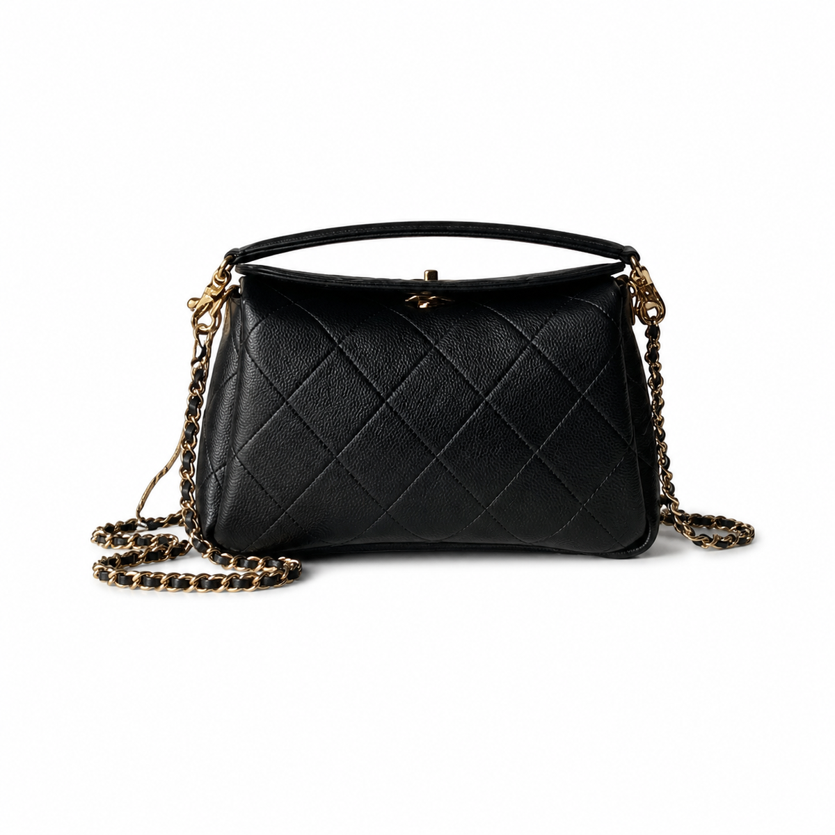 Chanel Top Handle Crossbody Bag | Black Quilted Lambskin Camellia Clasp Gold Chain | 23cm