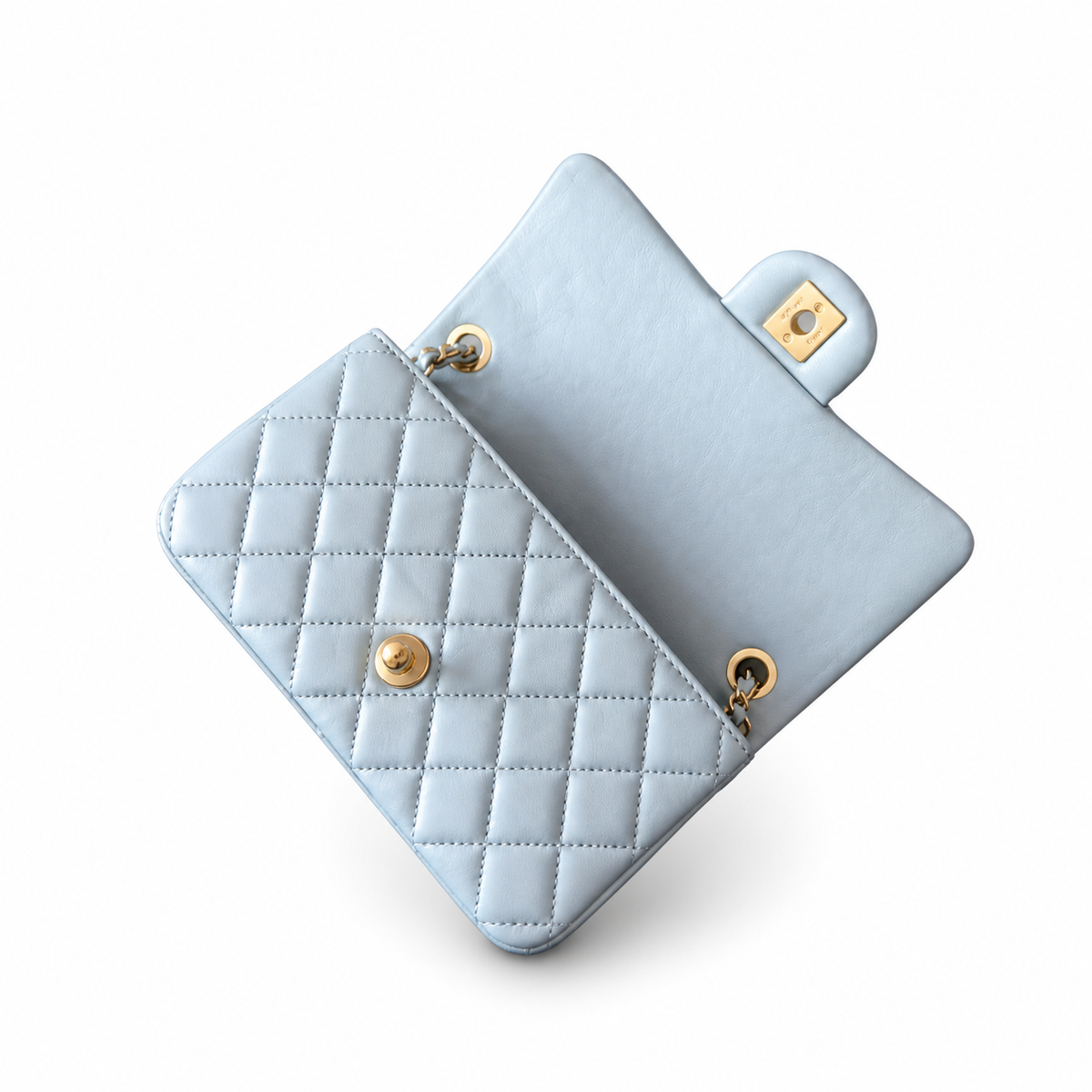 Chanel Classic Mini Flap Bag Ice Blue Quilted Lambskin Gold CC Turn-Lock Chain 20cm