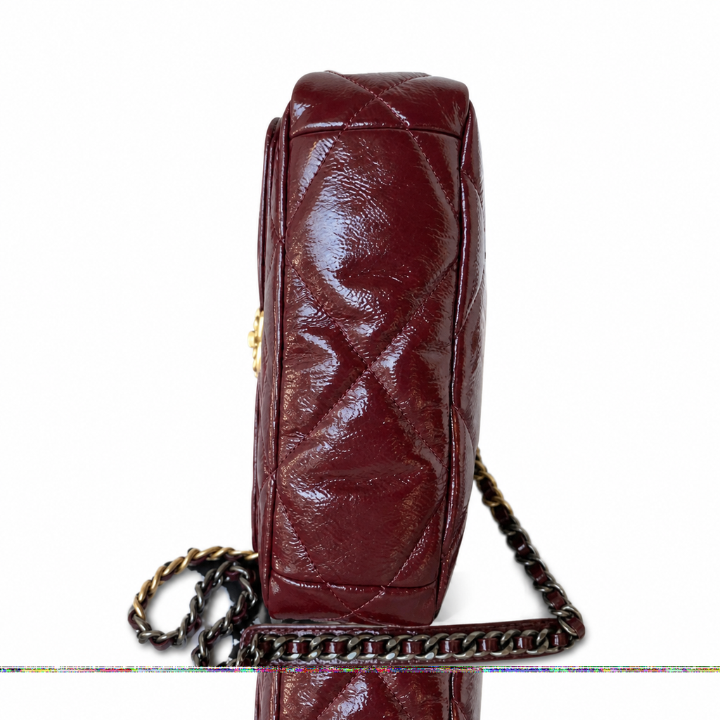 Chanel 19 Large Flap Bag Burgundy Crinkled Patent Leather Mixed Metal Chain CC Turn-Lock 26cm