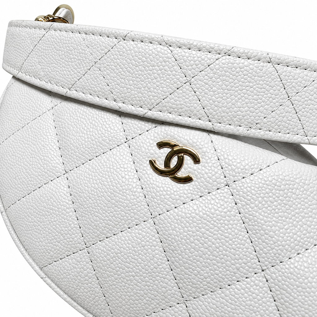 Chanel Crescent Hobo Quilted Caviar White Gold Pearl Zip Dual Chain 22cm