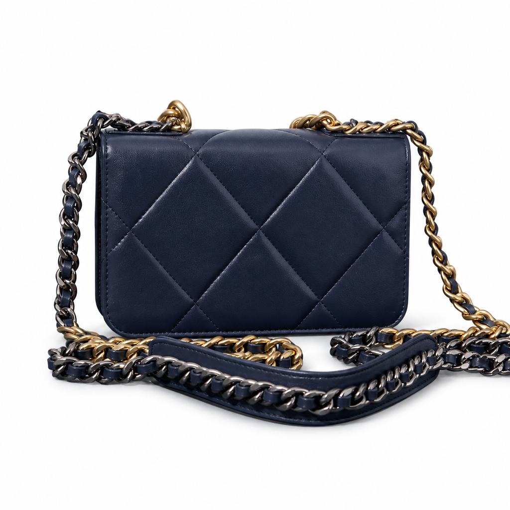 Chanel 19 Large Flap Bag Navy Blue Crinkled Calfskin Mixed Metal Chain CC Turn-Lock 26cm