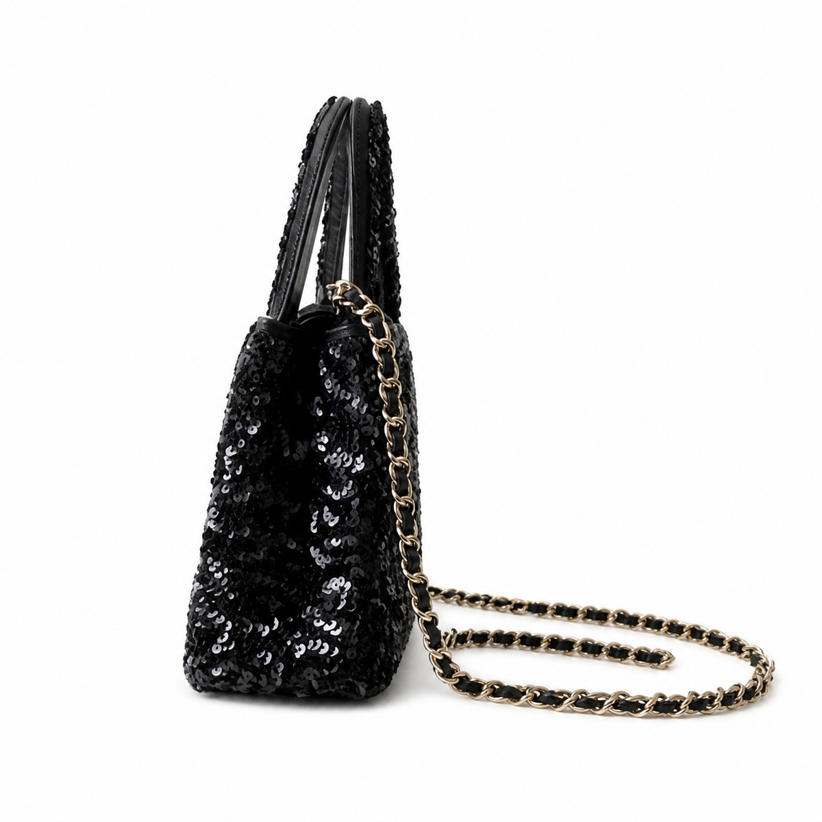 Chanel Black Sequin Cylinder Roll Evening Bag Silver Chain Clutch Crossbody