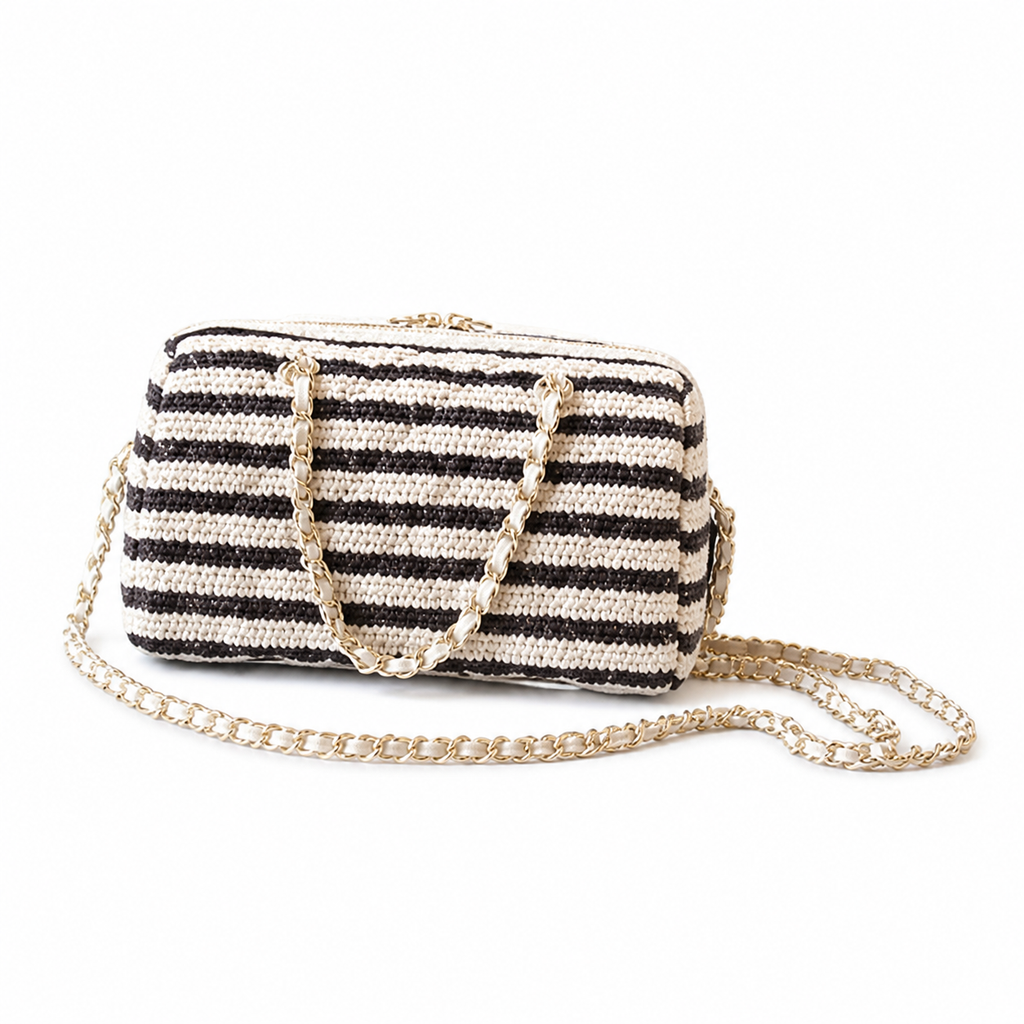 Chanel Black White Striped Woven Raffia Bowling Bag Gold Chain Strap CC Zip Pull Cream Leather Trim 18.5cm