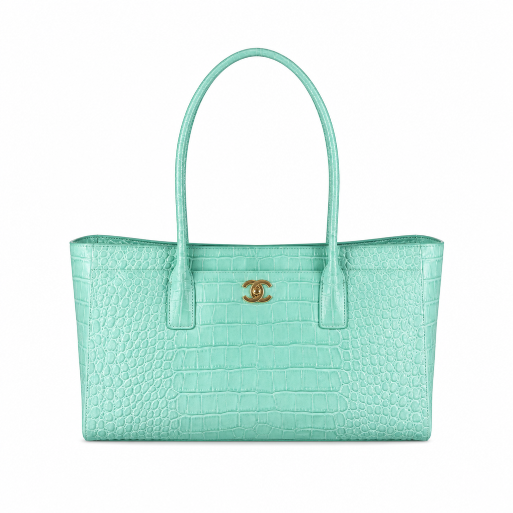 Chanel Mint Green Crocodile Embossed Leather Executive Tote Bag | Gold CC | Dual Handles | 39×20×13cm