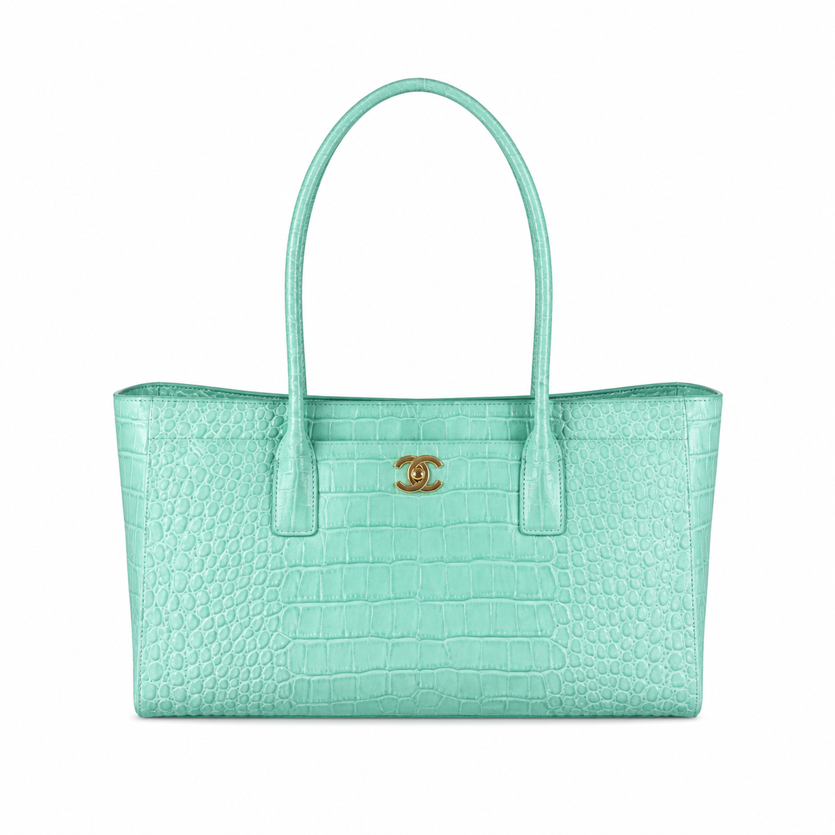 Chanel Mint Green Crocodile Embossed Leather Executive Tote Bag | Gold CC | Dual Handles | 39×20×13cm