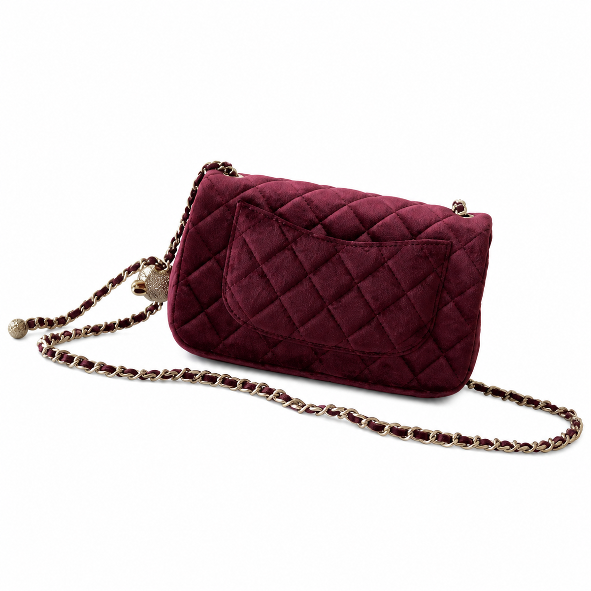 Chanel Pearl Crush Mini Square Flap Bag Burgundy Velvet Crystal Pearl Ball Chain 18cm