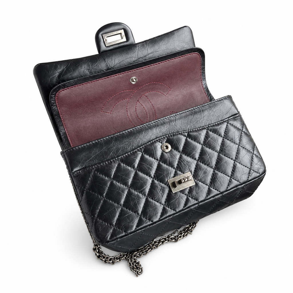 Chanel 2.55 Reissue 224 Mini Flap Bag Black Aged Calfskin Ruthenium Hardware 16cm