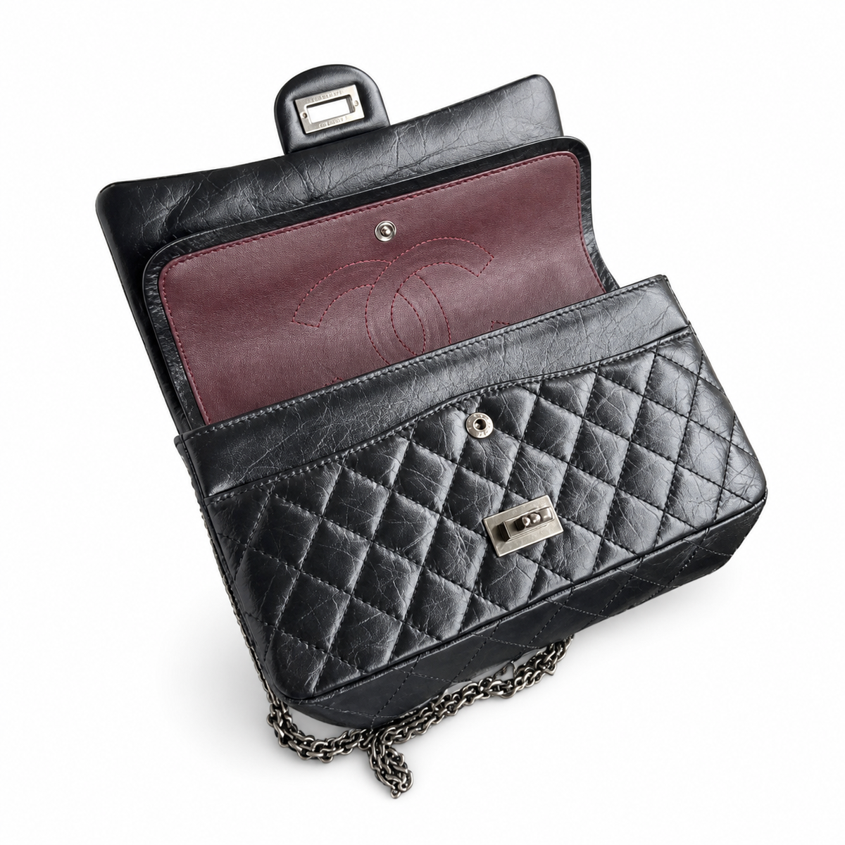 Chanel 2.55 Reissue 224 Mini Flap Bag Black Aged Calfskin Ruthenium Hardware 16cm