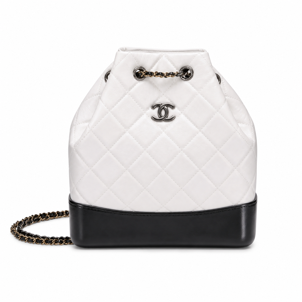 Chanel Gabrielle Backpack White Quilted Leather Black Patent Base Mixed Metal Hardware Red Interior Made in Italy 24cm