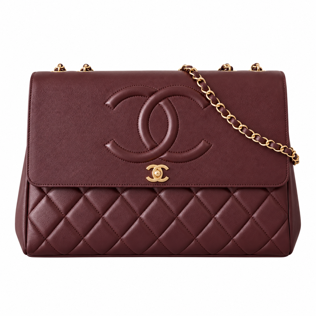 Chanel Burgundy Lambskin Quilted Medallion Shopping Shoulder Bag | Gold Chain | Back Zip Pocket | 33×11×23cm