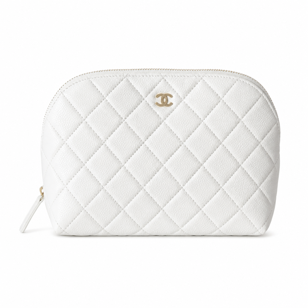 Chanel White Quilted Caviar Clamshell Cosmetic Pouch Beauty Case Gold CC Logo Gold Zipper 19cm