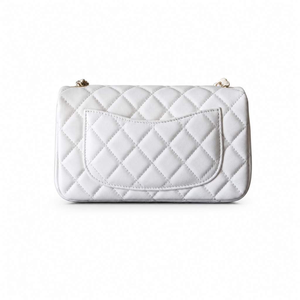 Chanel Classic Mini Square Flap Bag White Quilted Lambskin Antique Gold CC Turn-Lock Chain 20cm