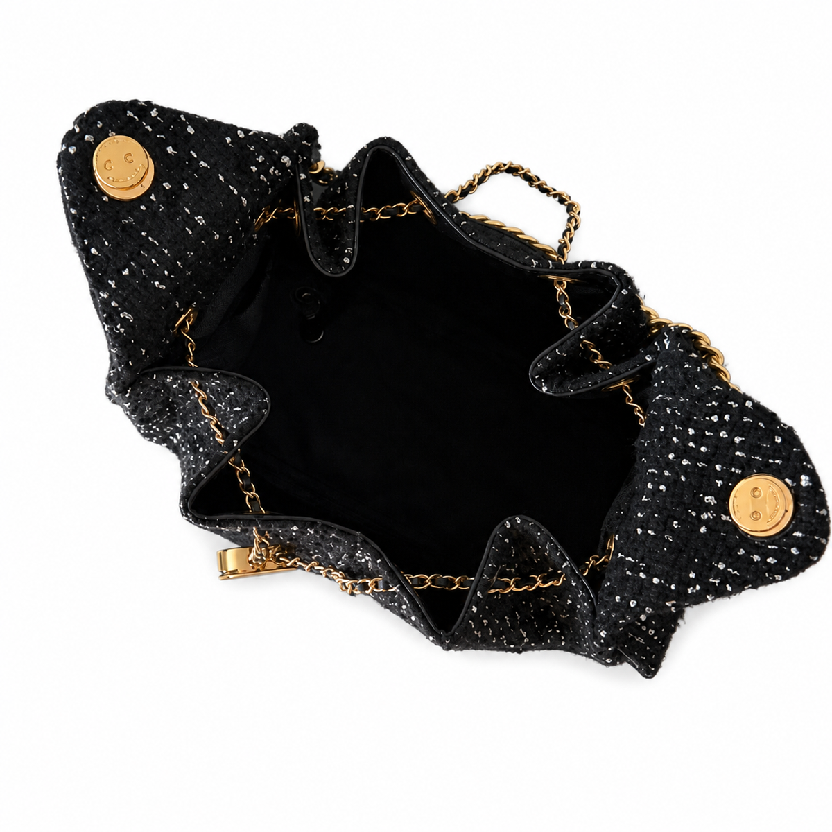 Chanel Black Sequin Tweed Large Drawstring Tote Bag with Pouch