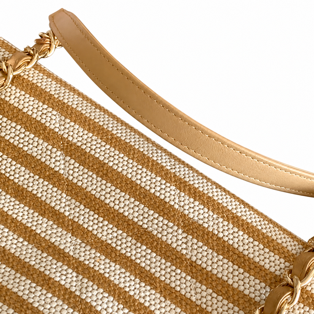 Chanel Beige Stripe Woven Large Shopping Tote | Gold CC | Leather Handles & Chain Strap | 25×46×13cm