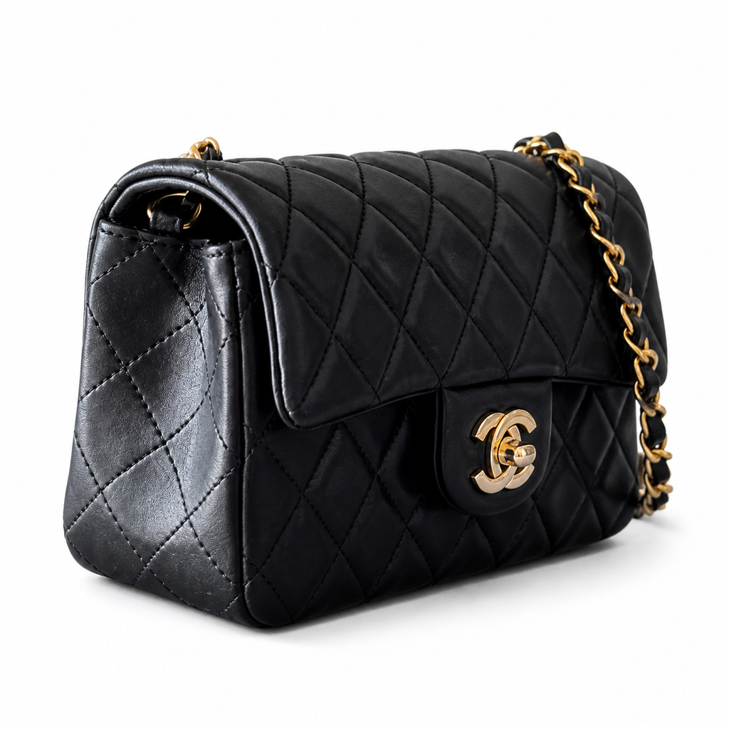 Chanel Classic Mini Flap Bag Black Quilted Lambskin Gold CC Turn-Lock Chain 20cm