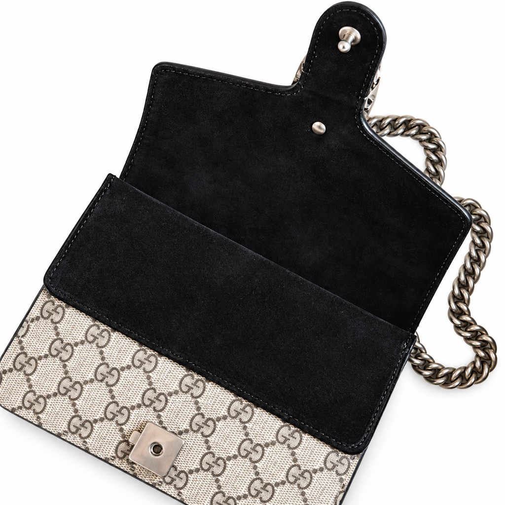 Gucci Dionysus Small Bag in GG Supreme Canvas with Black Suede Flap