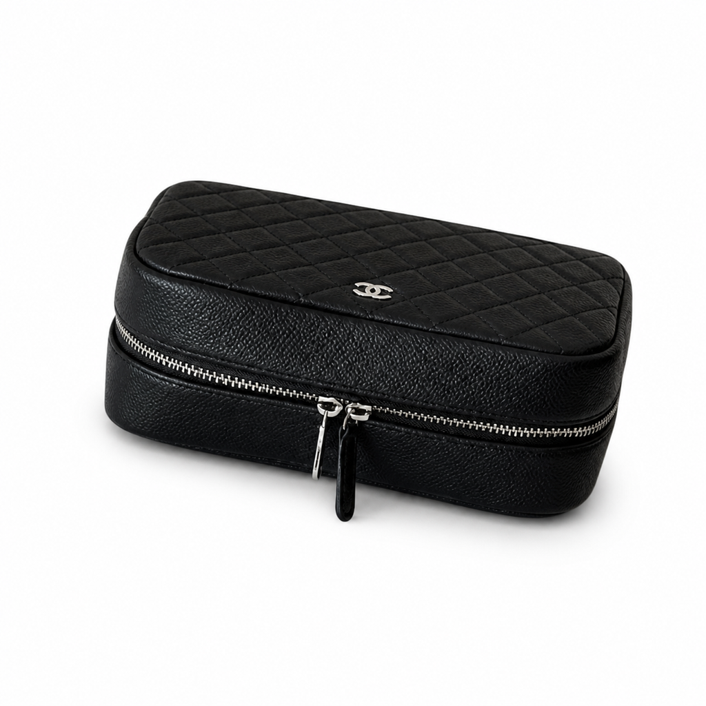 Chanel Black Caviar Quilted Zip-Around Vanity Case Silver CC Logo Double Zipper Silver Hardware 21cm