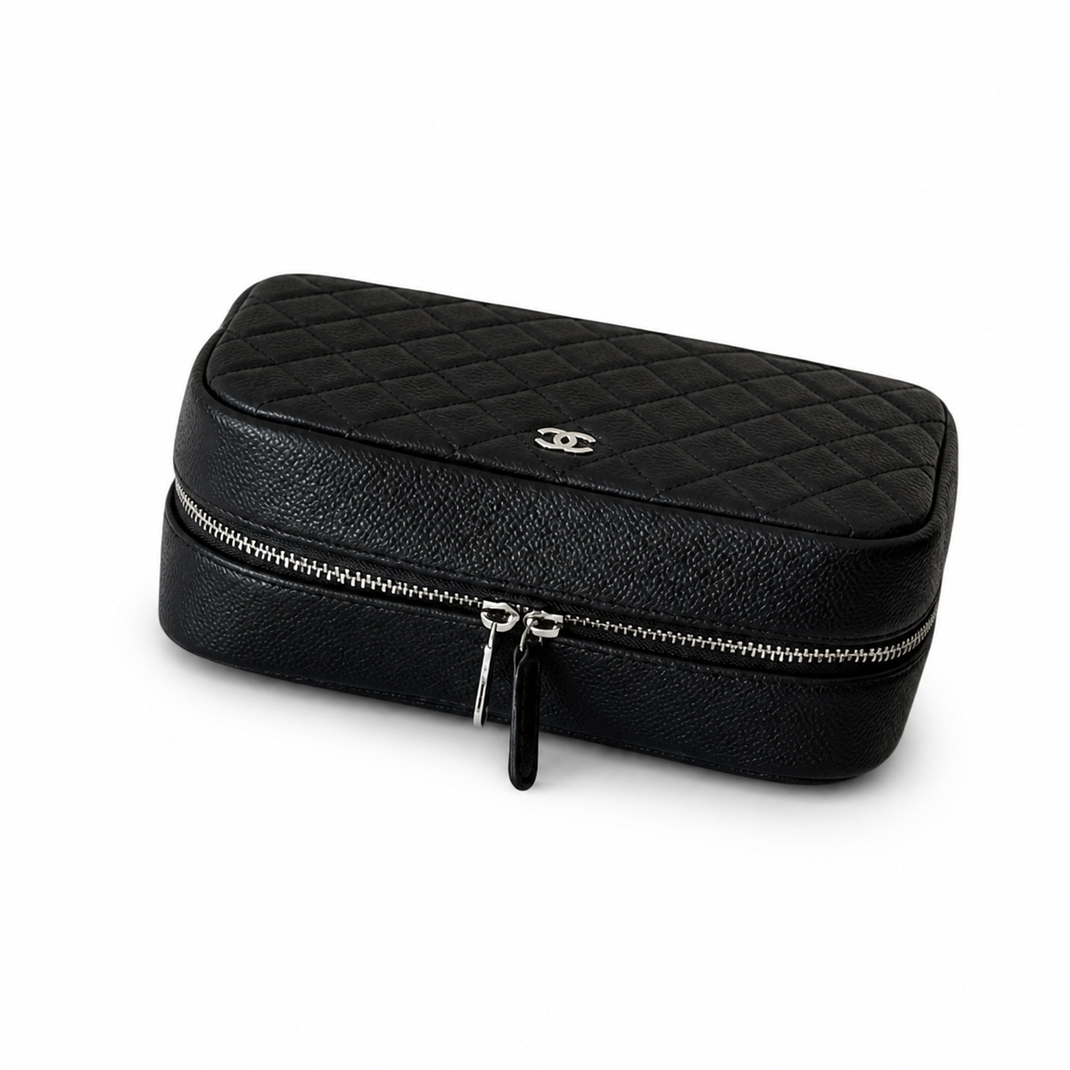 Chanel Black Caviar Quilted Zip-Around Vanity Case Silver CC Logo Double Zipper Silver Hardware 21cm