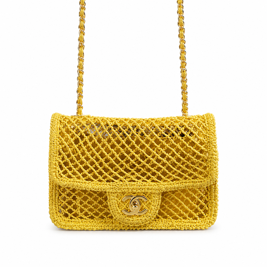 CHANEL Sunshine Yellow Crochet Open Mesh Flap Bag Gold Chain