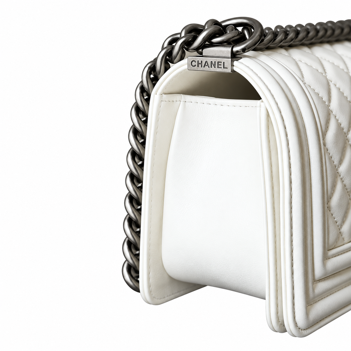Chanel Boy Bag Small White Smooth Lambskin Ruthenium Silver Chain CC Push-Lock 20cm