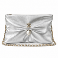 Chanel Pearl CC Gathered Metallic Clutch Silver 14×24×5cm