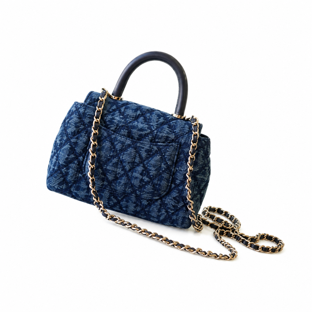 Chanel Navy Blue Denim Quilted Coco Handle Mini Flap Bag | Gold Chain | 11.5×14.5×5.5cm