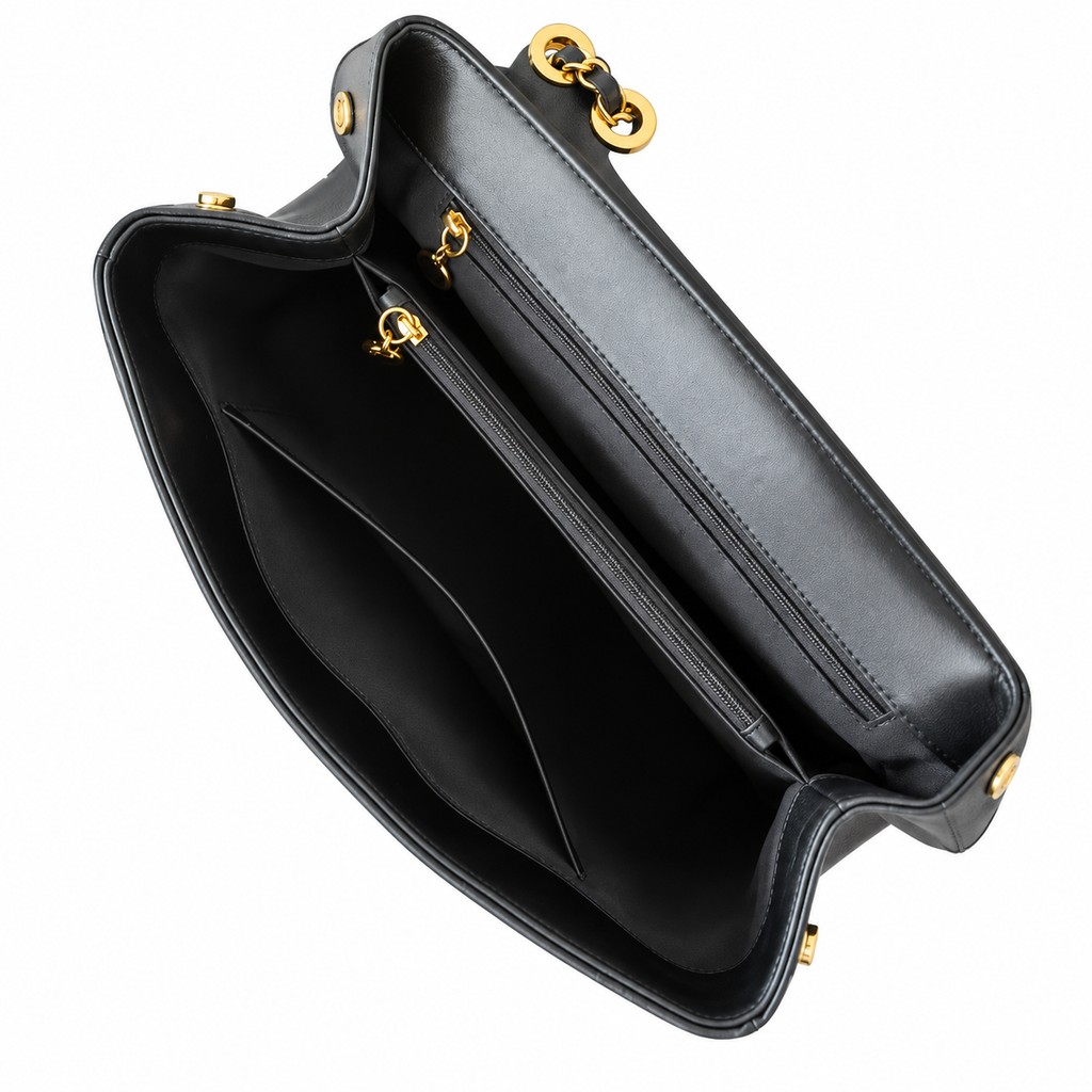 Chanel Black Caviar Quilted Medallion Shopping Shoulder Bag | Gold Chain | Back Zip Pocket | 33×11×23cm