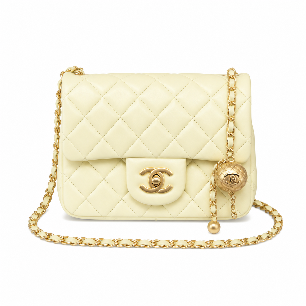 Chanel Pearl Crush Mini Square Flap Bag Cream Lambskin Gold Pearl Chain 18cm