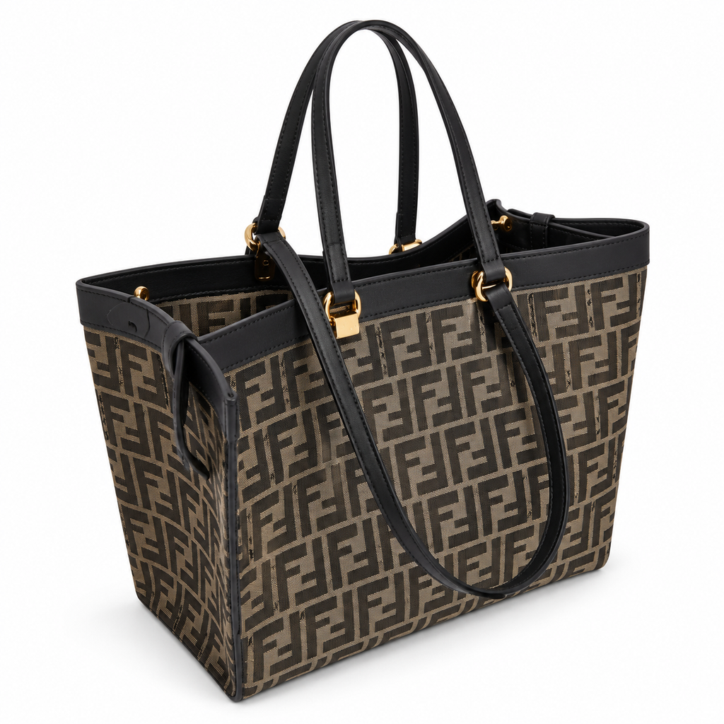 Fendi FF Jacquard Tote Bag – Black Calfskin Trim Gold Hardware
