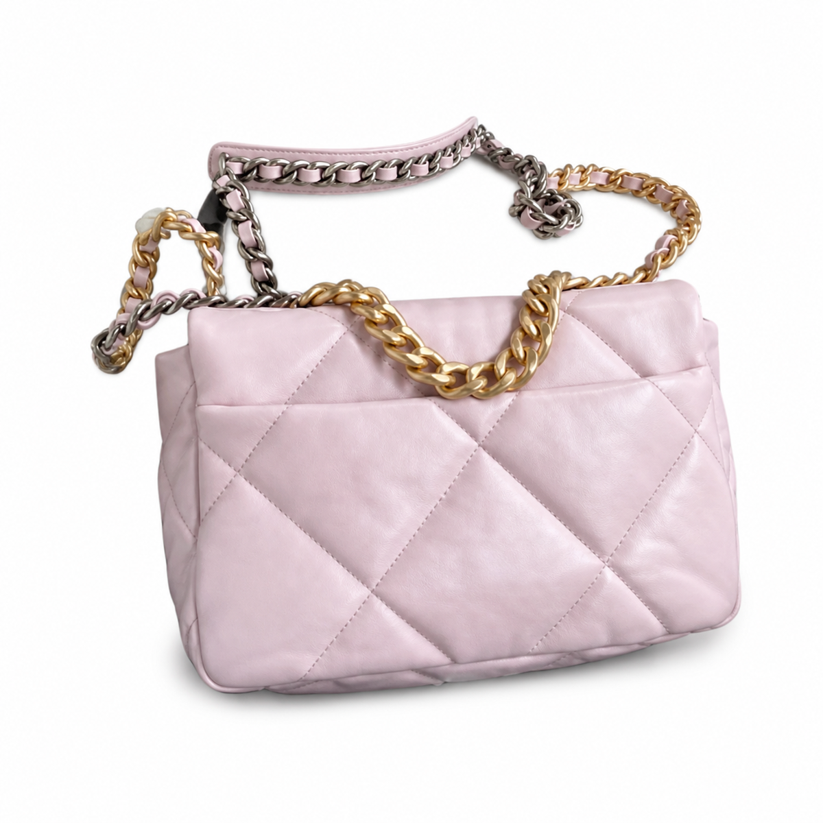 Chanel 19 Large Flap Bag Pearl Pink Quilted Lambskin Mixed Metal Chain CC Turn-Lock 26cm