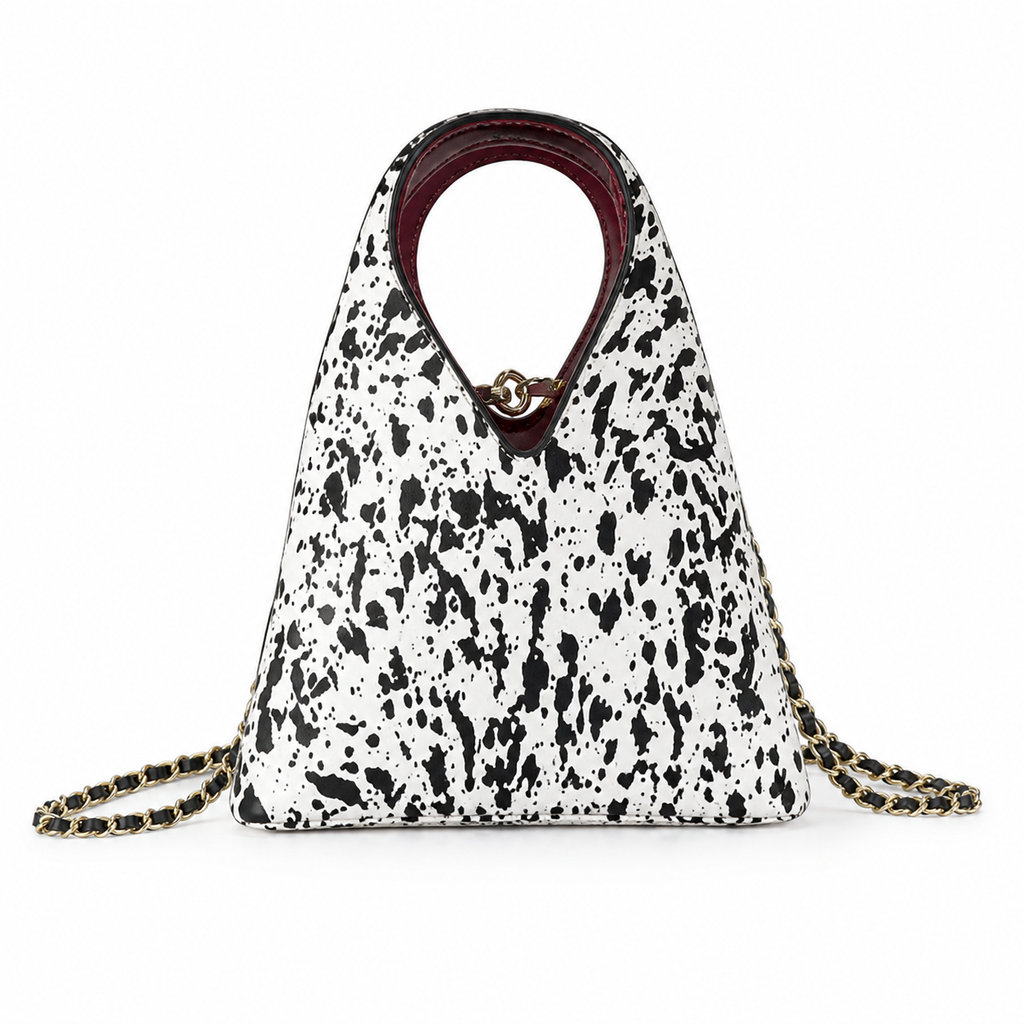 CHANEL White Black Splatter Print Triangle Hobo Bag Burgundy Handle CC