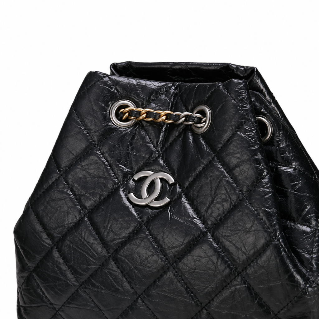 Chanel Gabrielle Backpack Black Aged Distressed Calfskin Mixed Metal Hardware Drawstring Chain 24cm