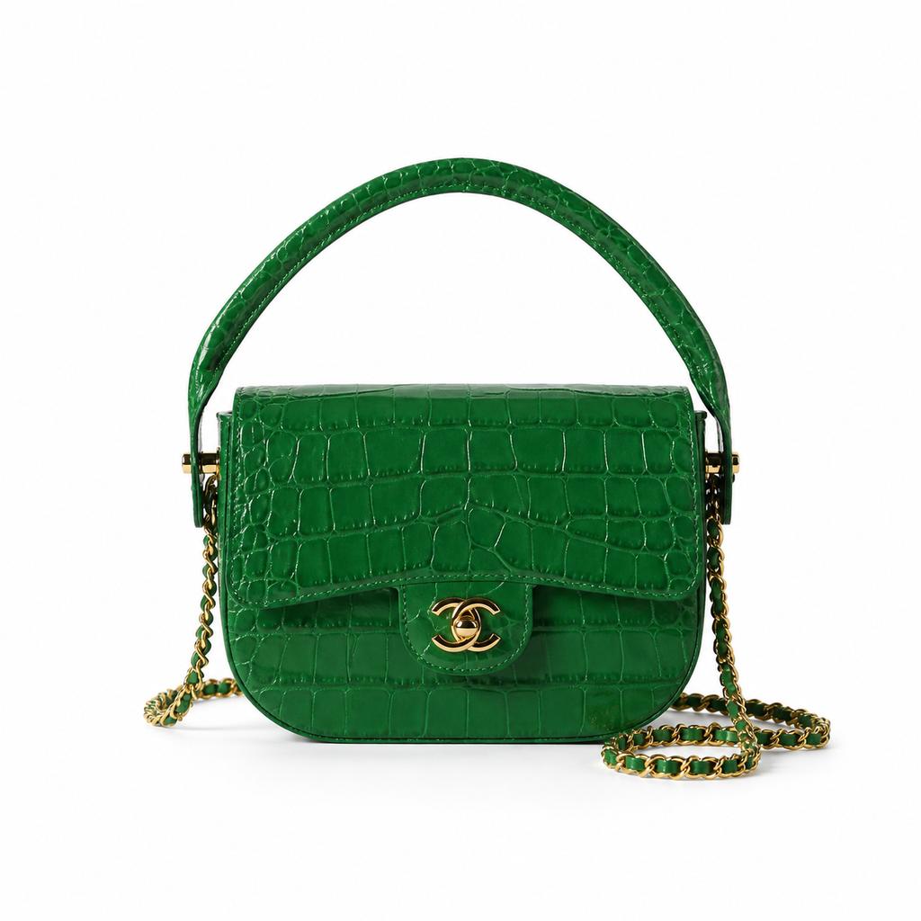 Chanel Flap Bag | Emerald Green Crocodile-Embossed Leather Top Handle & Gold Chain | 19.6cm