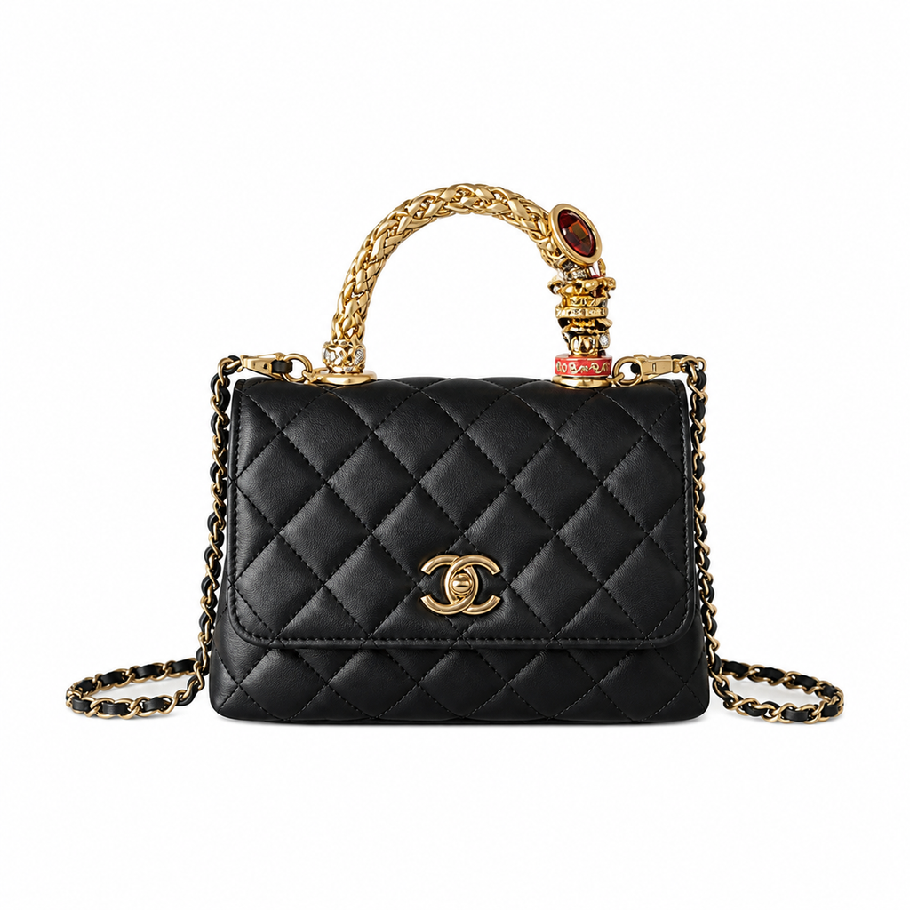 CHANEL Black Quilted Lambskin Jewel Ring Top Handle Flap Chain Bag
